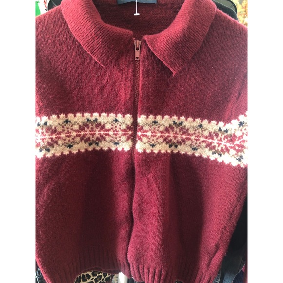Brandy Melville Paola Burgundy Fair Isle Zip Up Collar Sweater wool nordic OSFA - Picture 3 of 9
